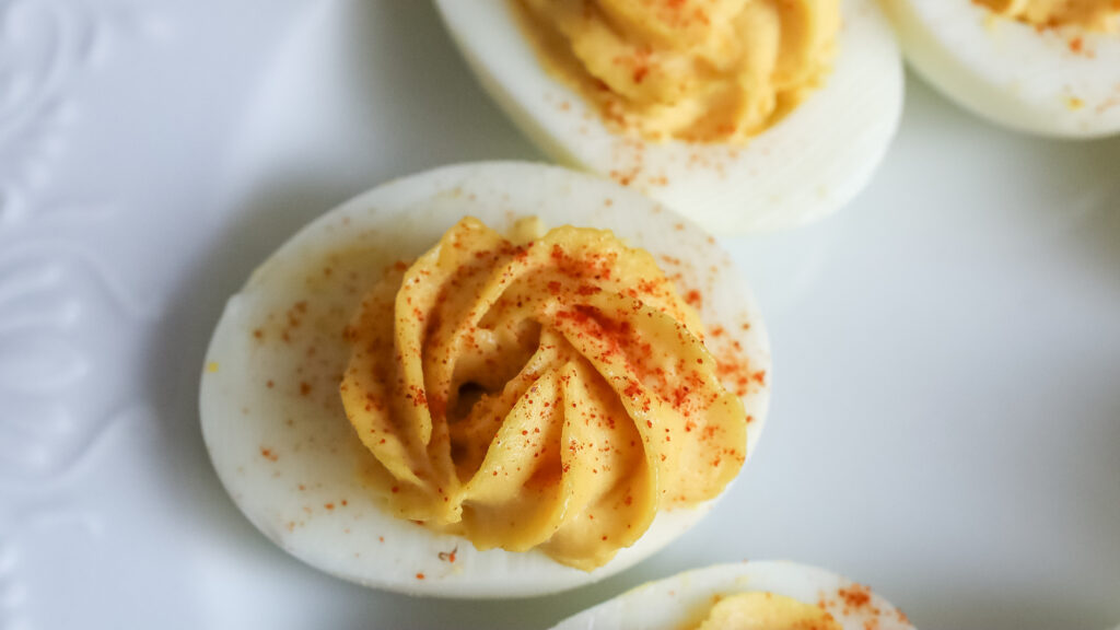 Close up of a classic deviled egg