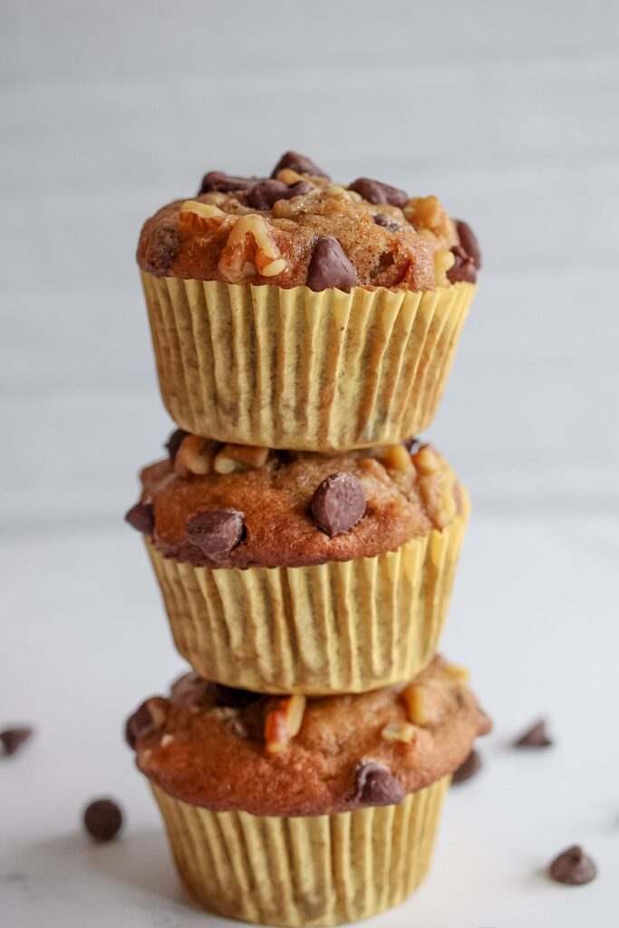 stacked banana chocolate chip muffins