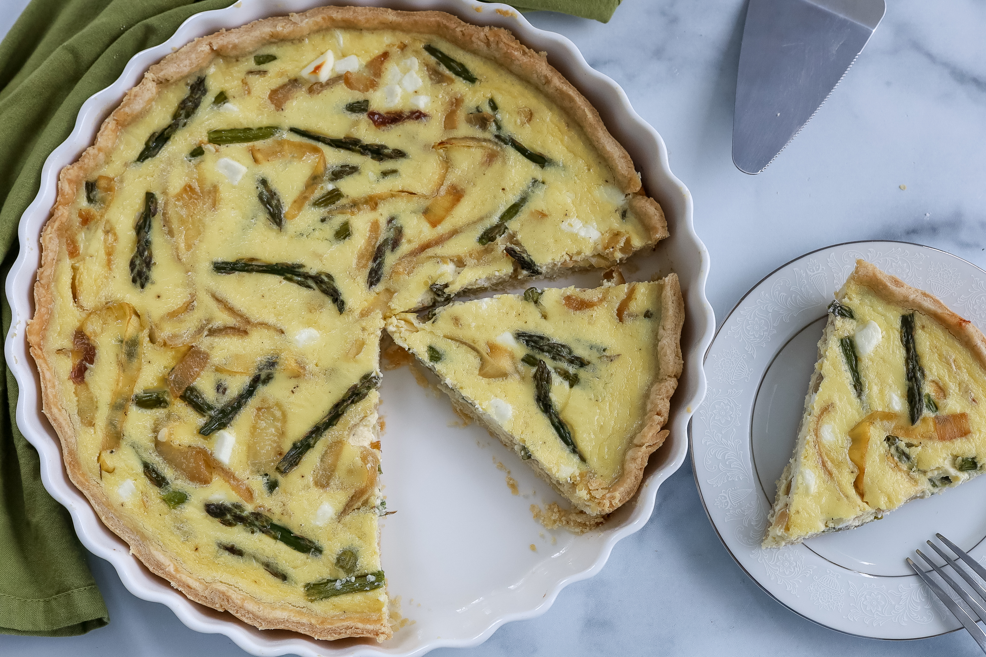 asparagus quiche on a table