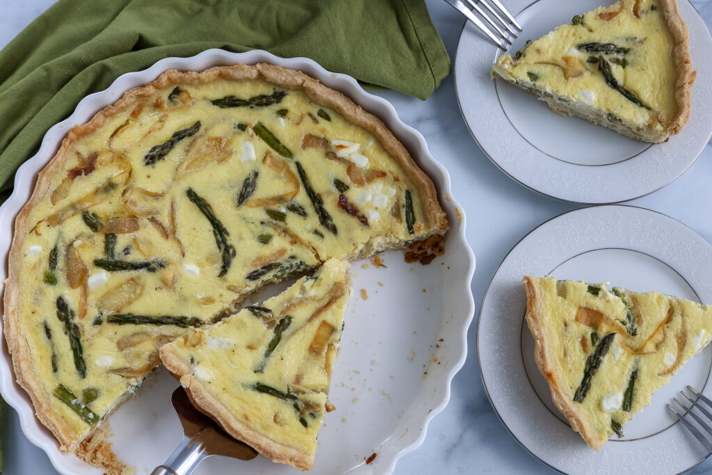 sliced asparagus, caramelized onion and goat cheese quiche