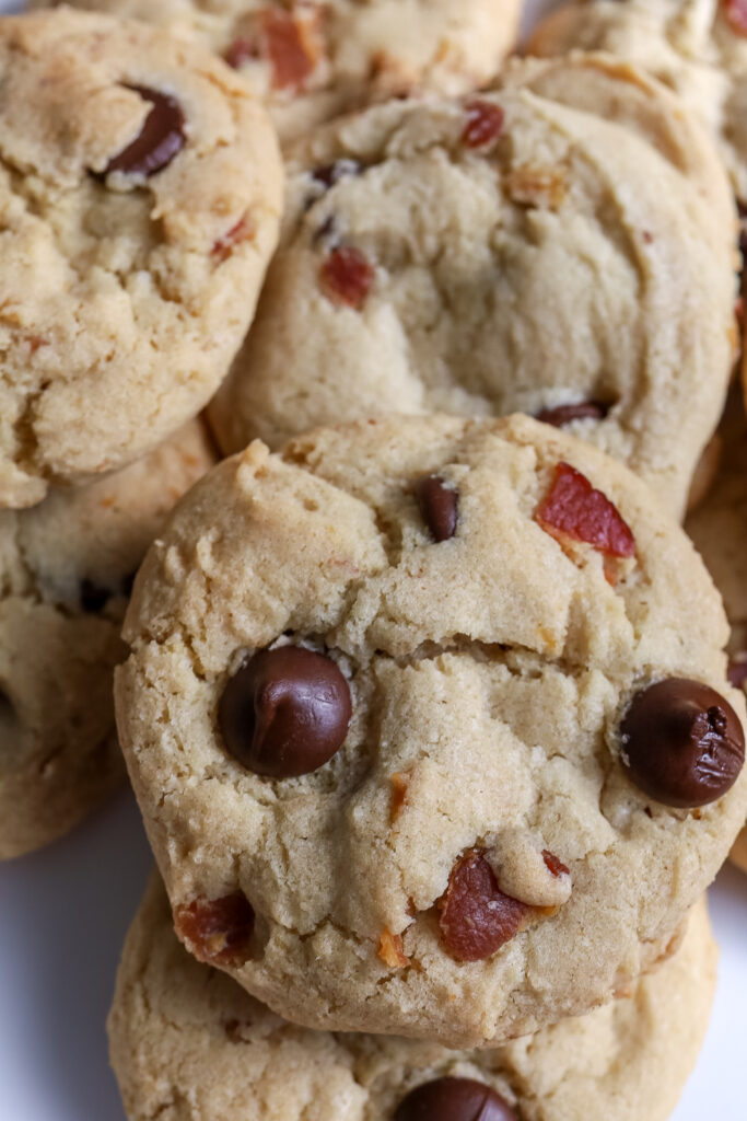 close up of bacon chocolate chip cookies