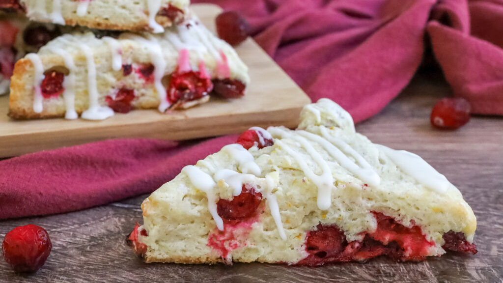 close up of a cranberry orange scone