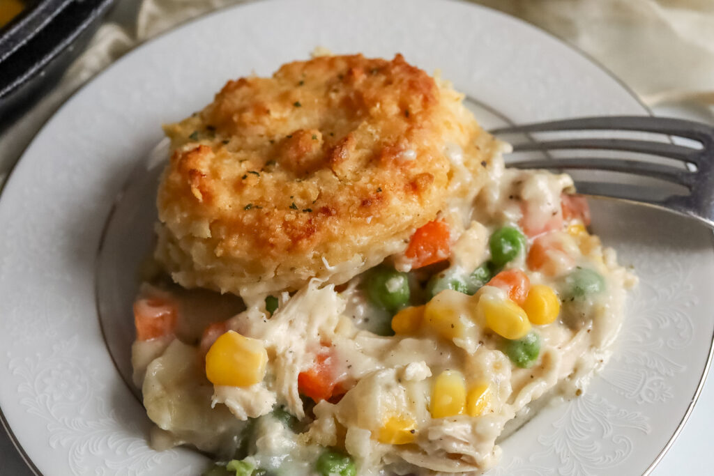 close up of cheddar bay biscuit chicken pot pie