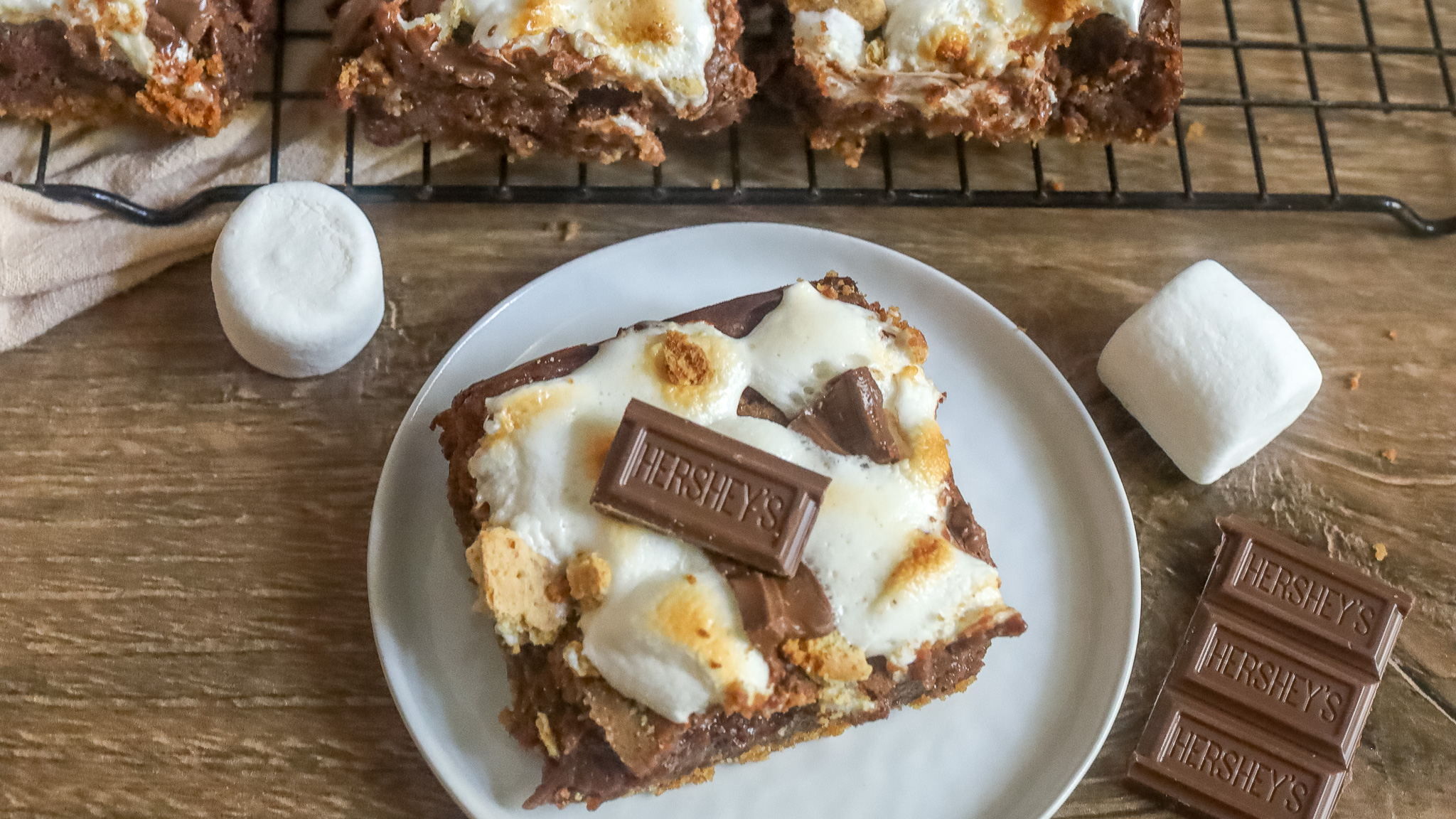 close up of a s'mores brownie on a plate