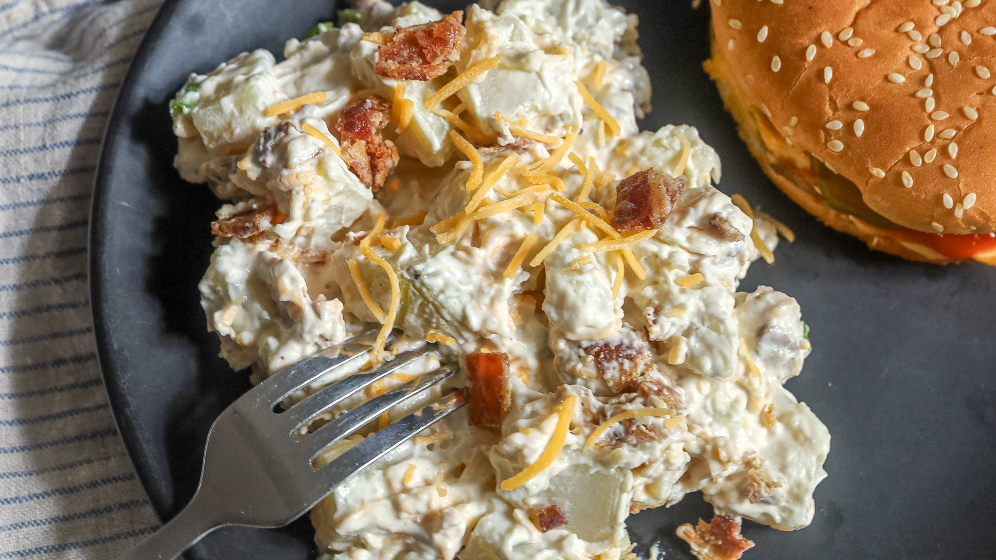close up of loaded baked potato salad