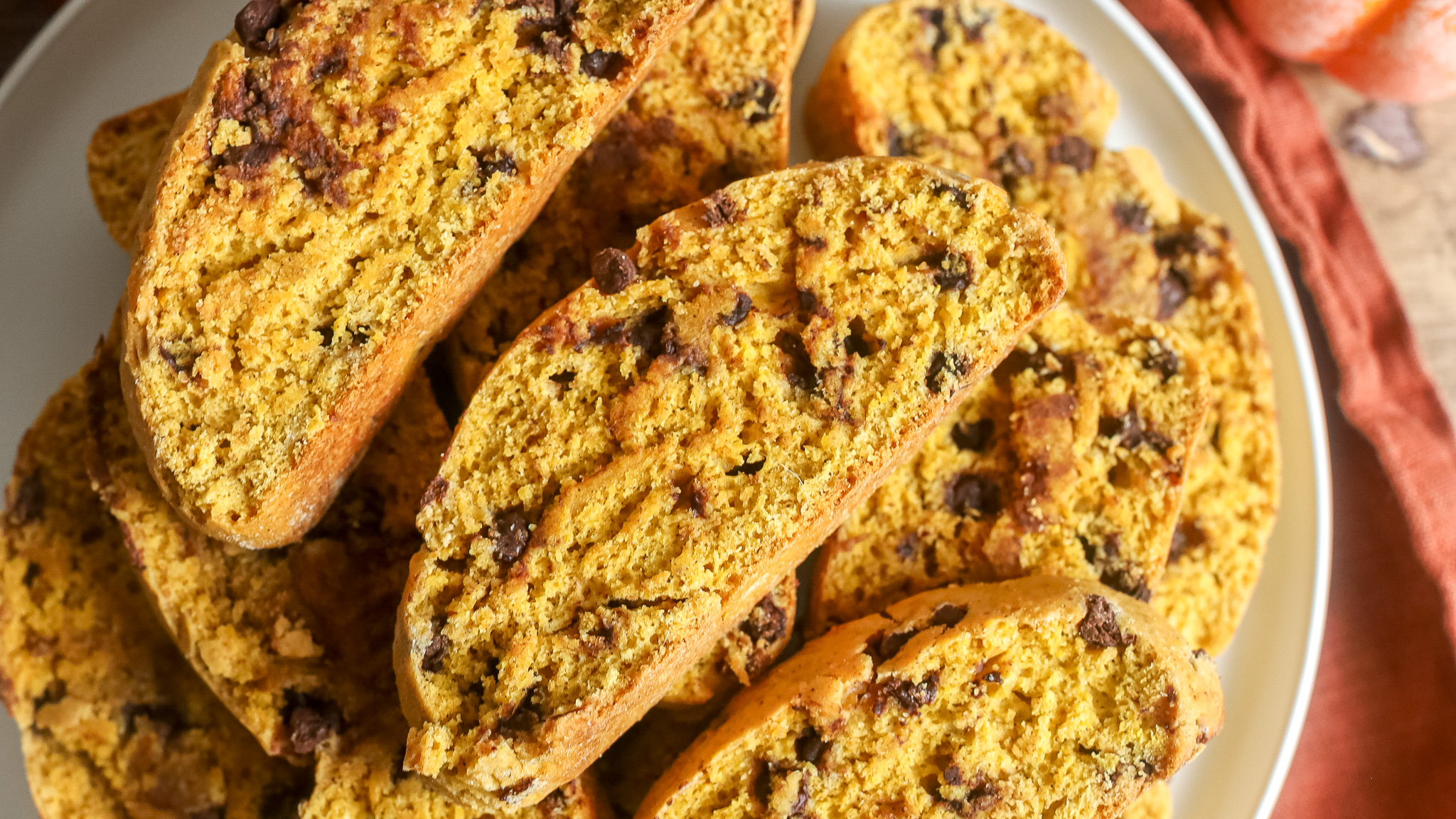 close up of pumpkin chocolate chip biscotti