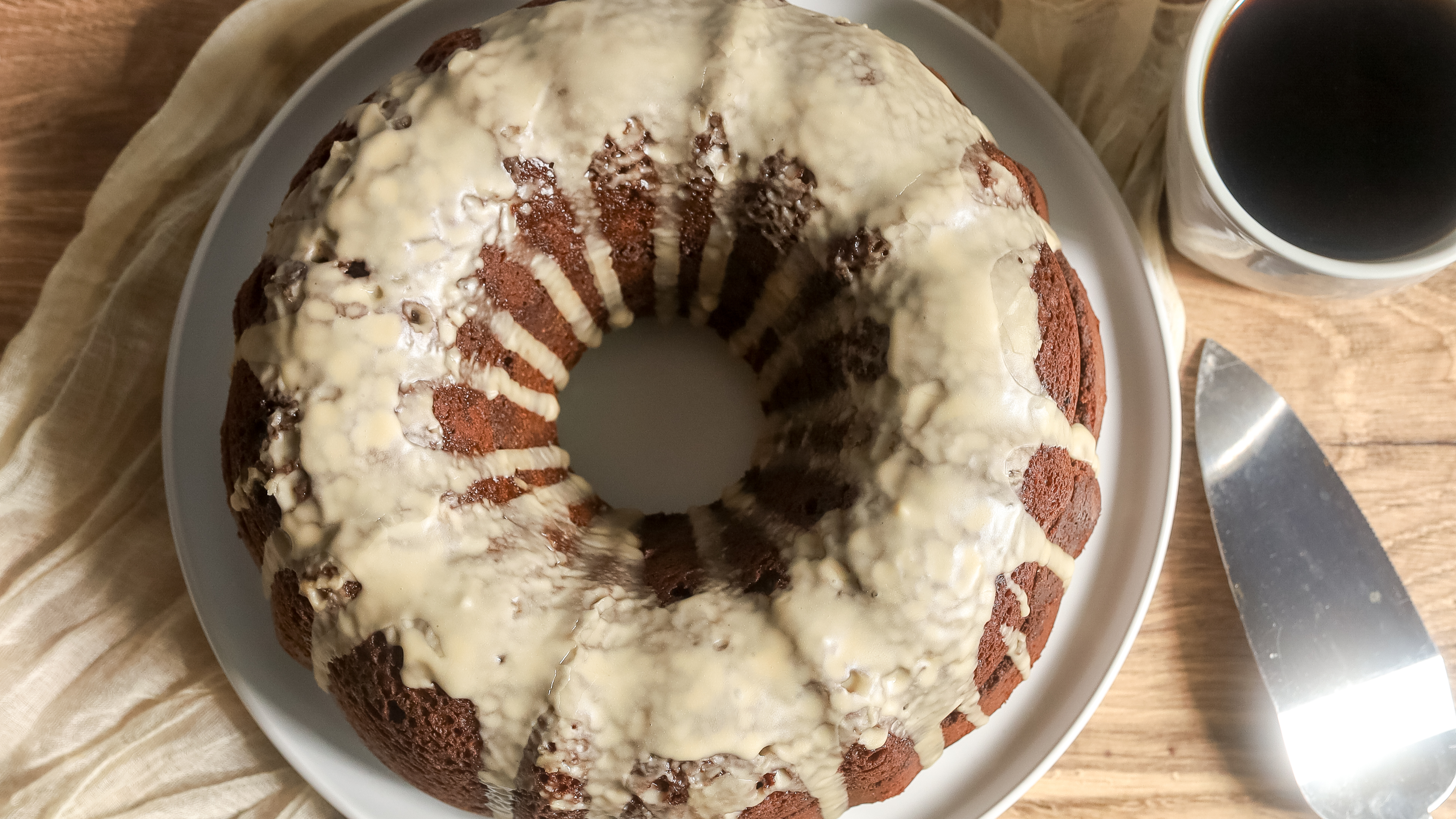 overhead shot of mocha bundt cake