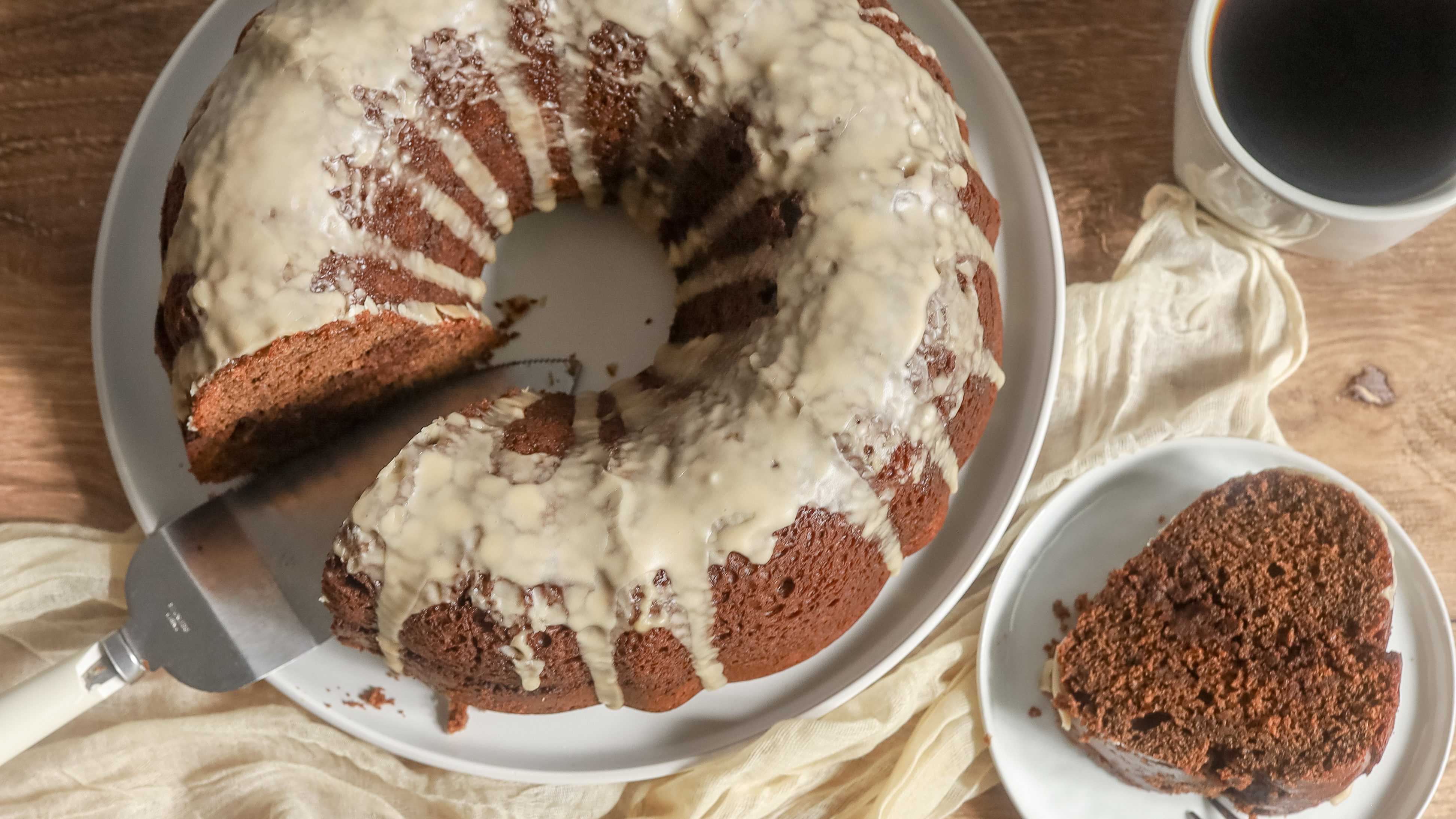 overhead picture of mocha cake with a slice cut out