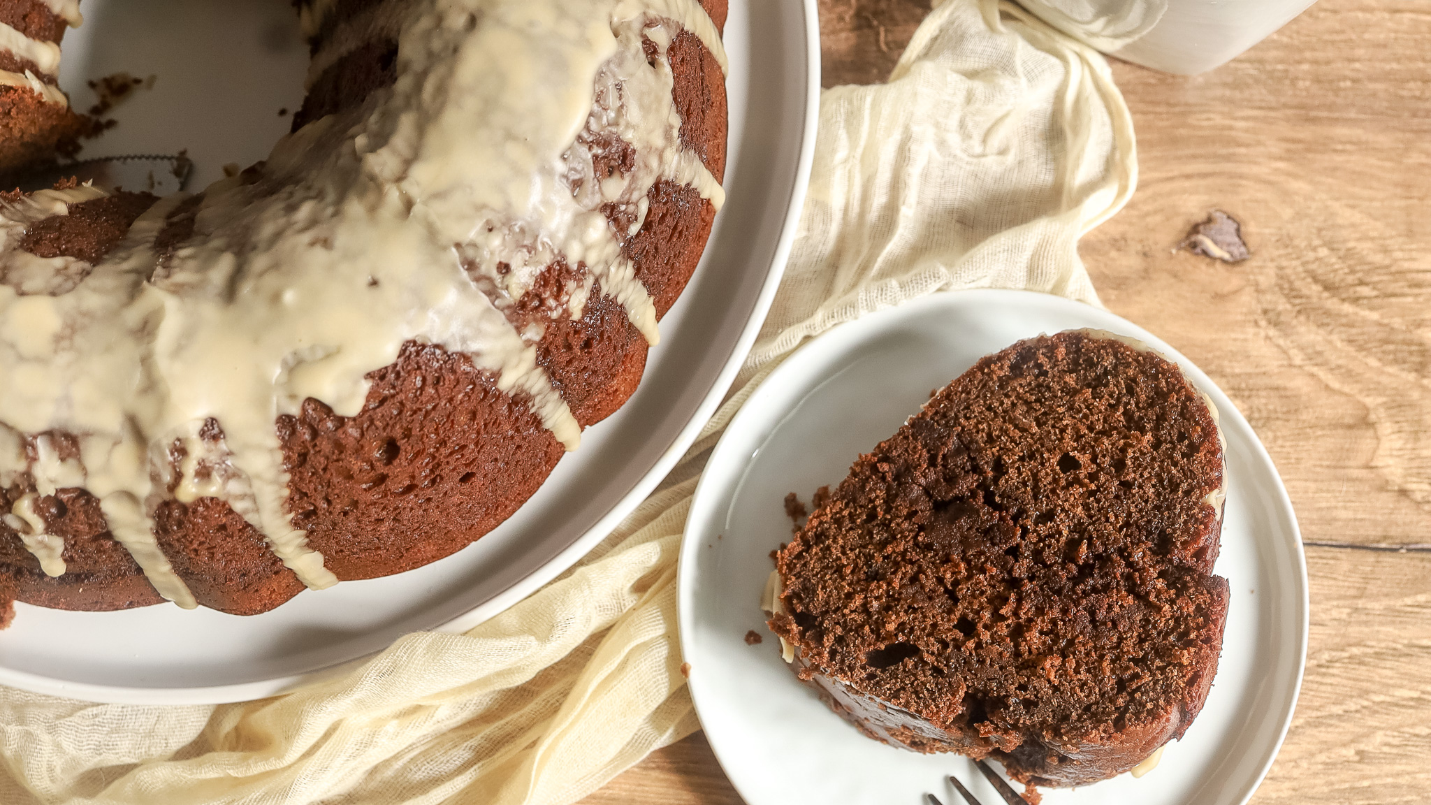 a slice cut out of mocha bundt cake