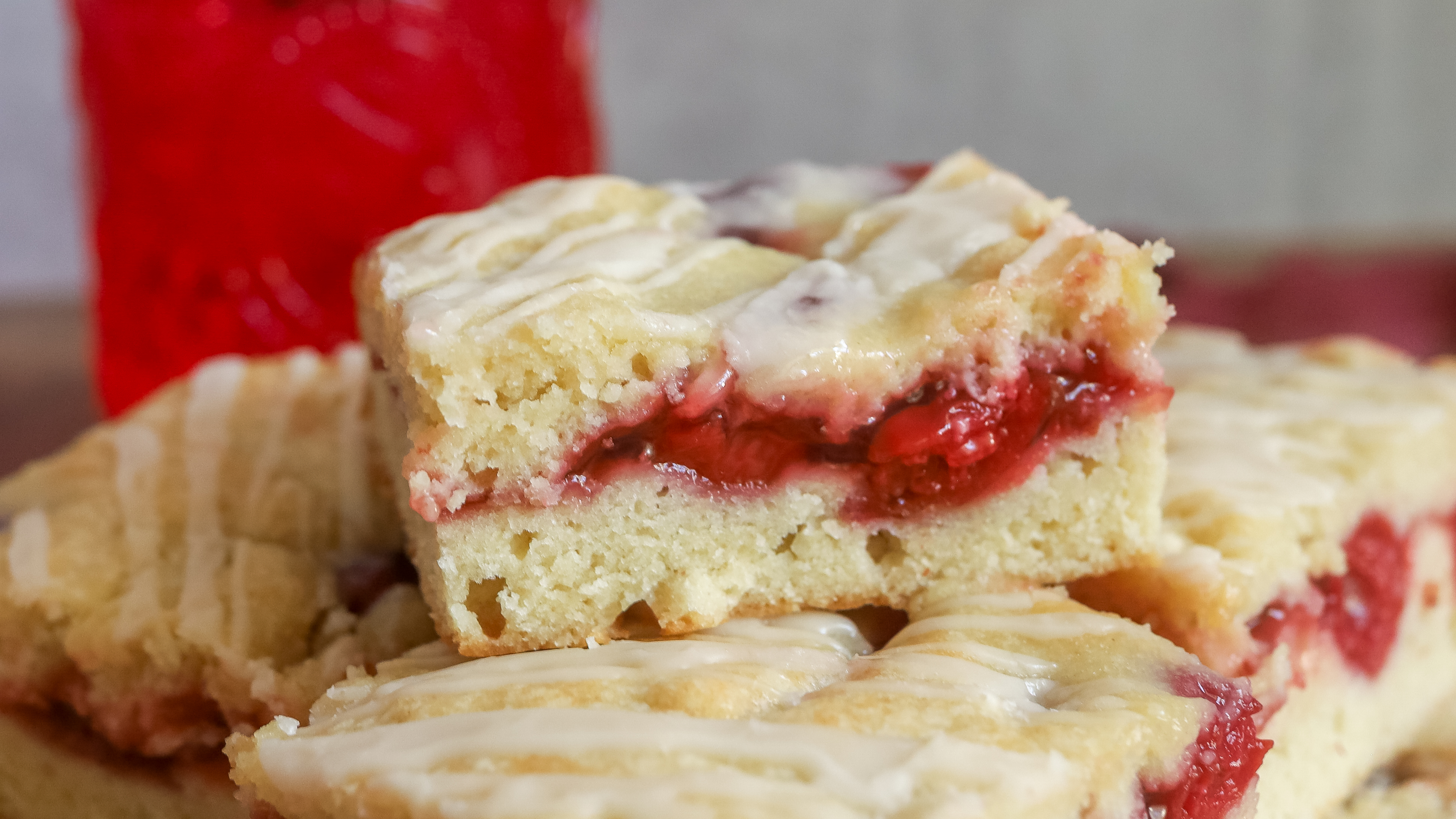 close up side view of cherry dessert bars