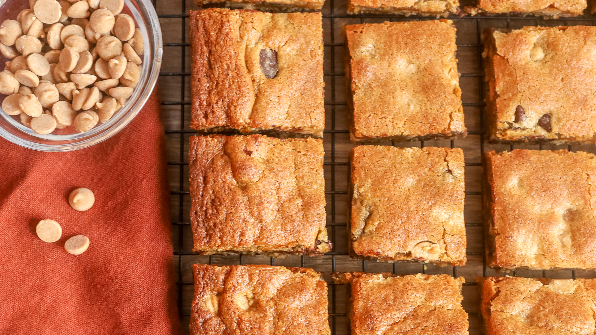 overhead close up of peanut butter blondies
