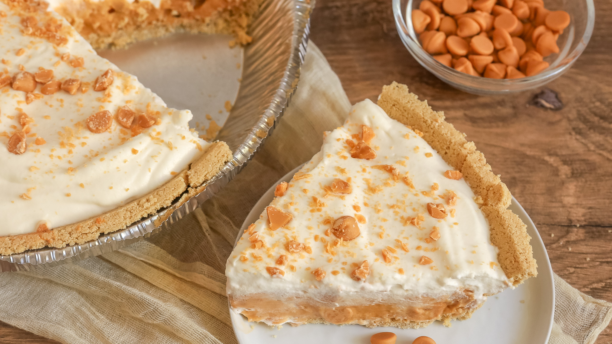 overhead image of bourbon butterscotch pie and a slice of pie