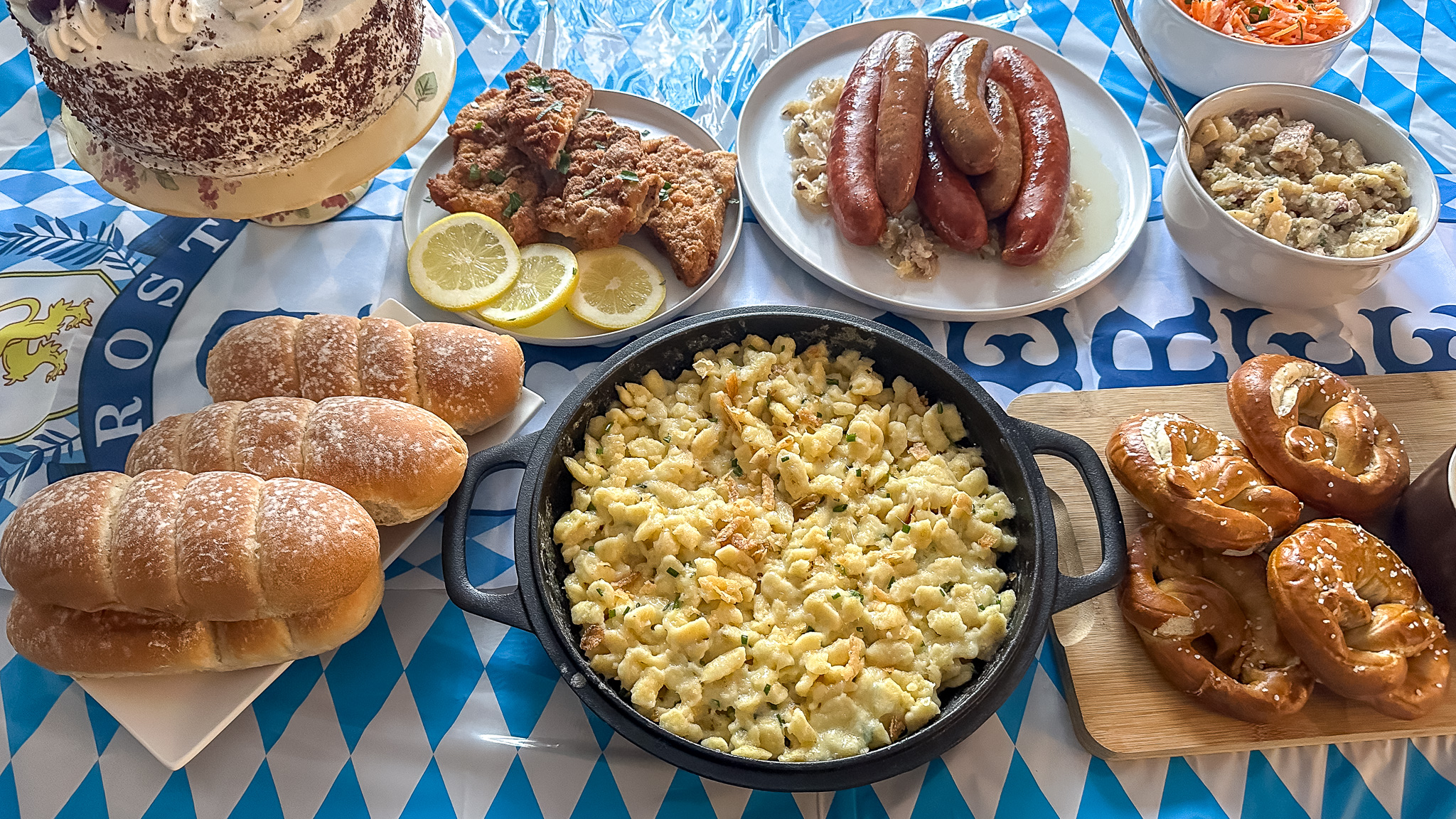 overhead shot of dinner featuring cheese spaetzal (Käsespätzle)