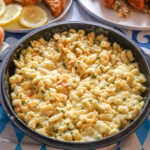 close up of a pot of cheese spaetzle