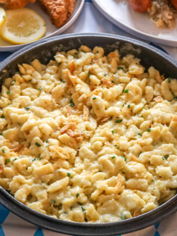 close up of a pot of cheese spaetzle