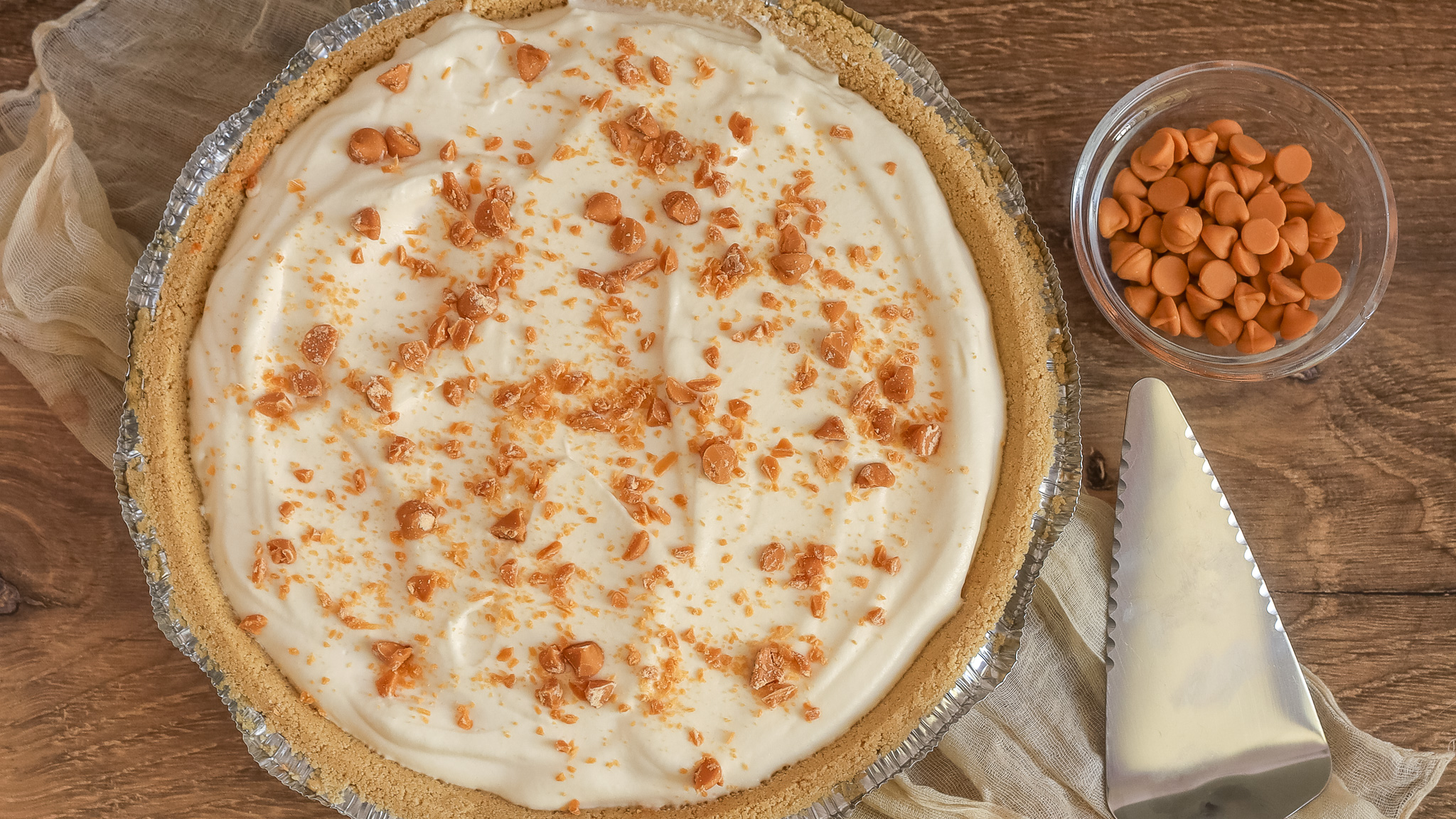 Overhead shot of full bourbon butterscotch pie