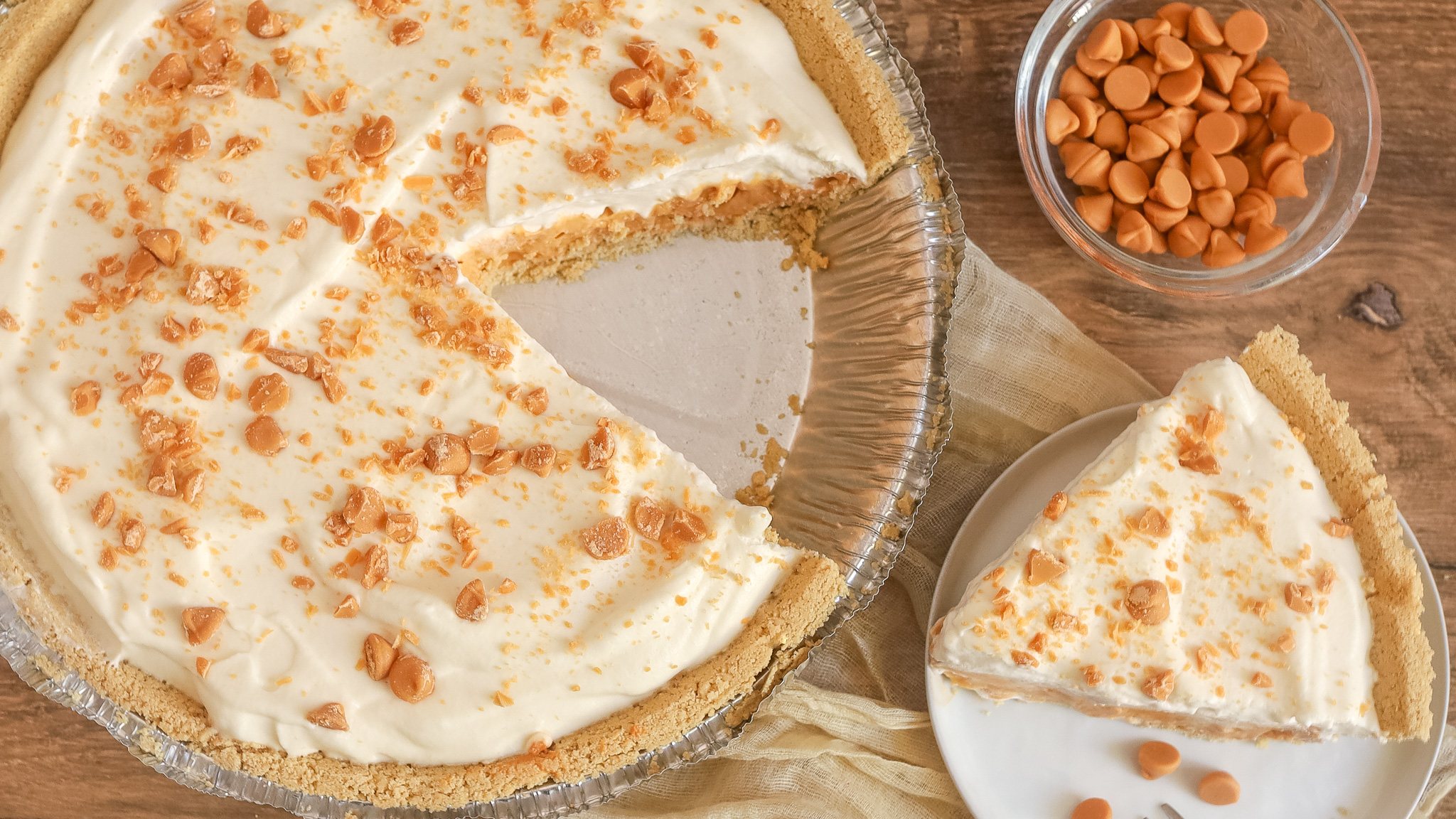 Overhead shot of butterscotch pie and slice of pie