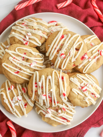 overhead shot of white chocolate peppermint cookies