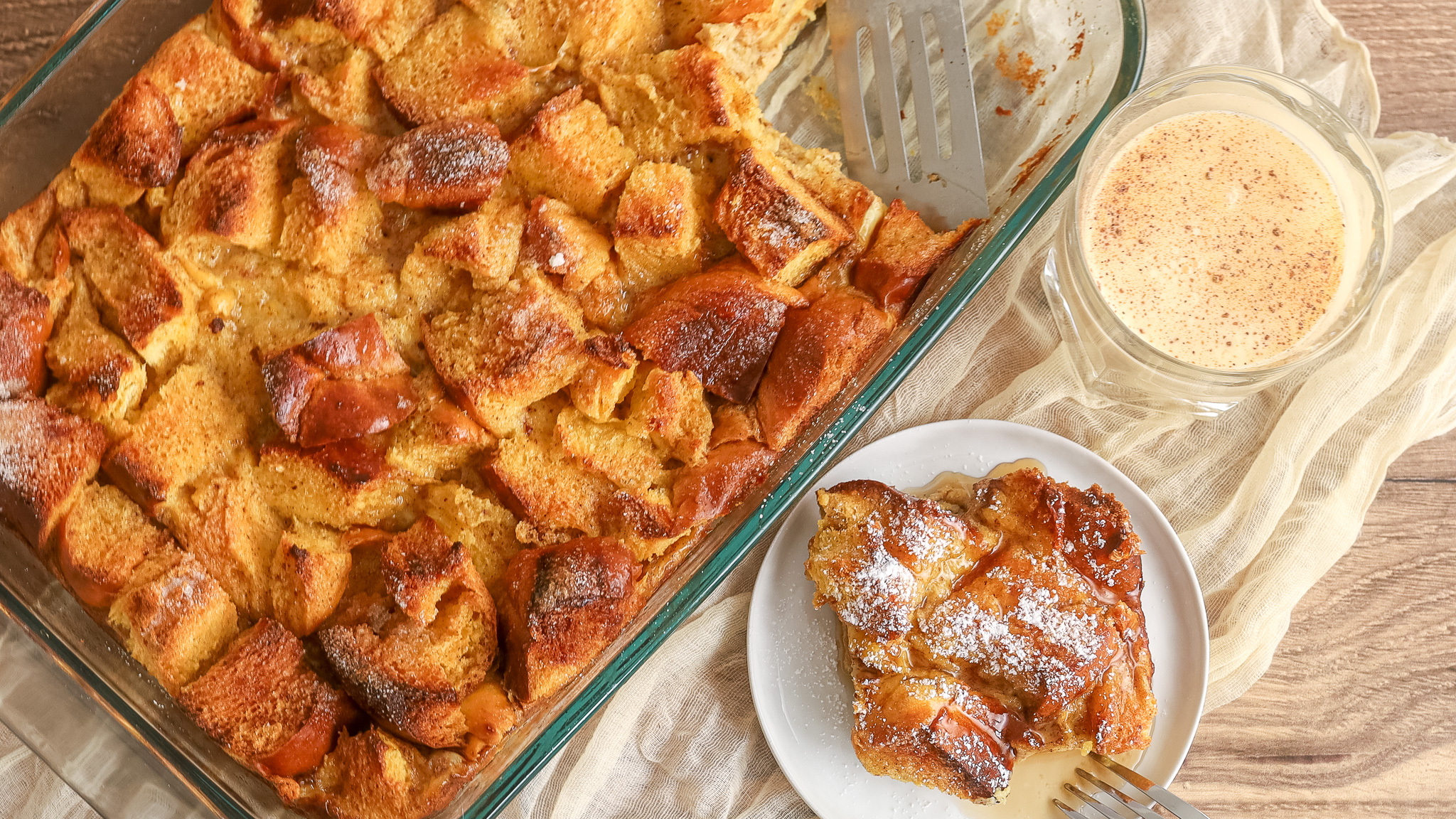 overhead shot of a pan of eggnog casserole