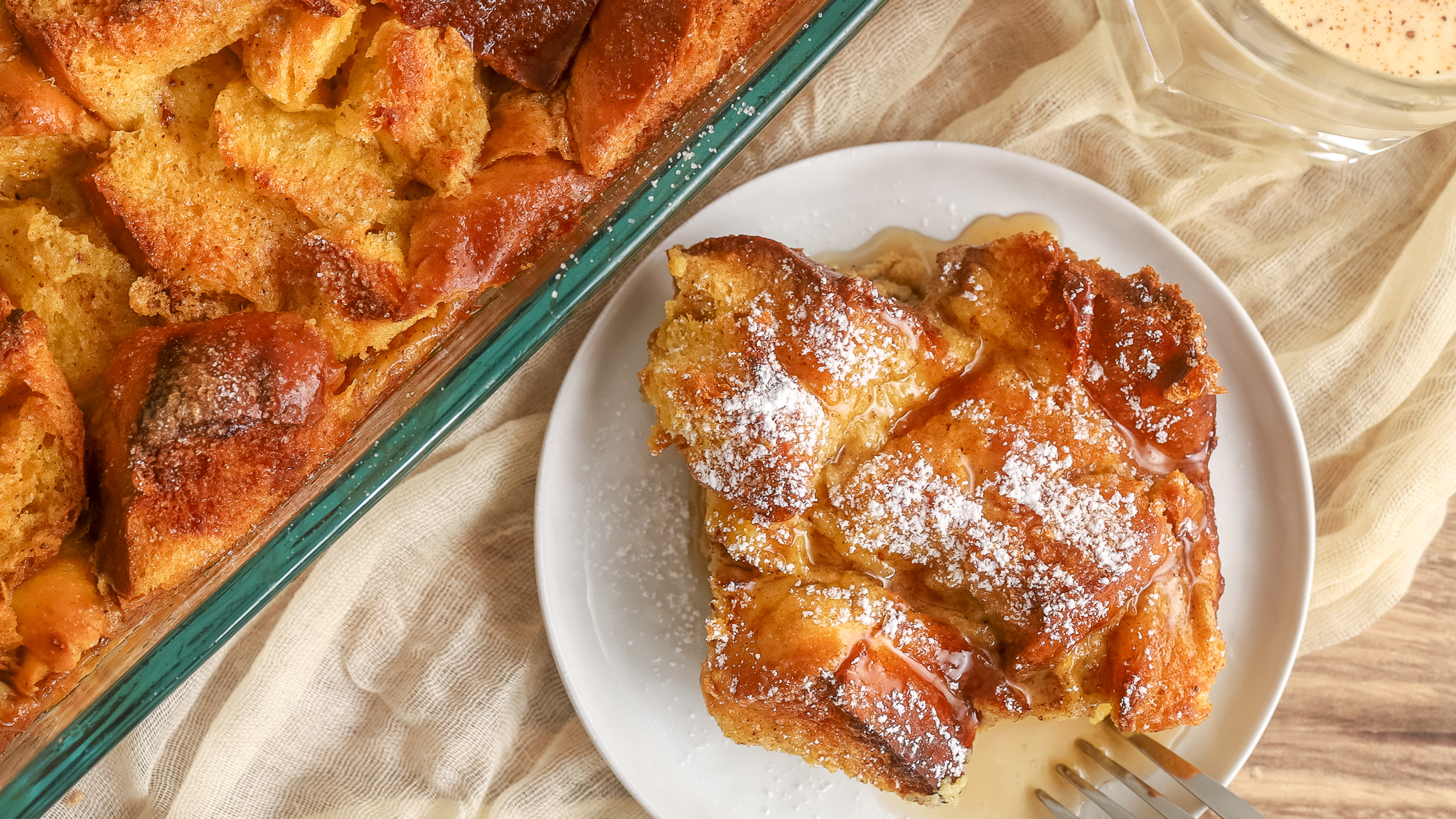 overhead photo of a slice of eggnog french toast