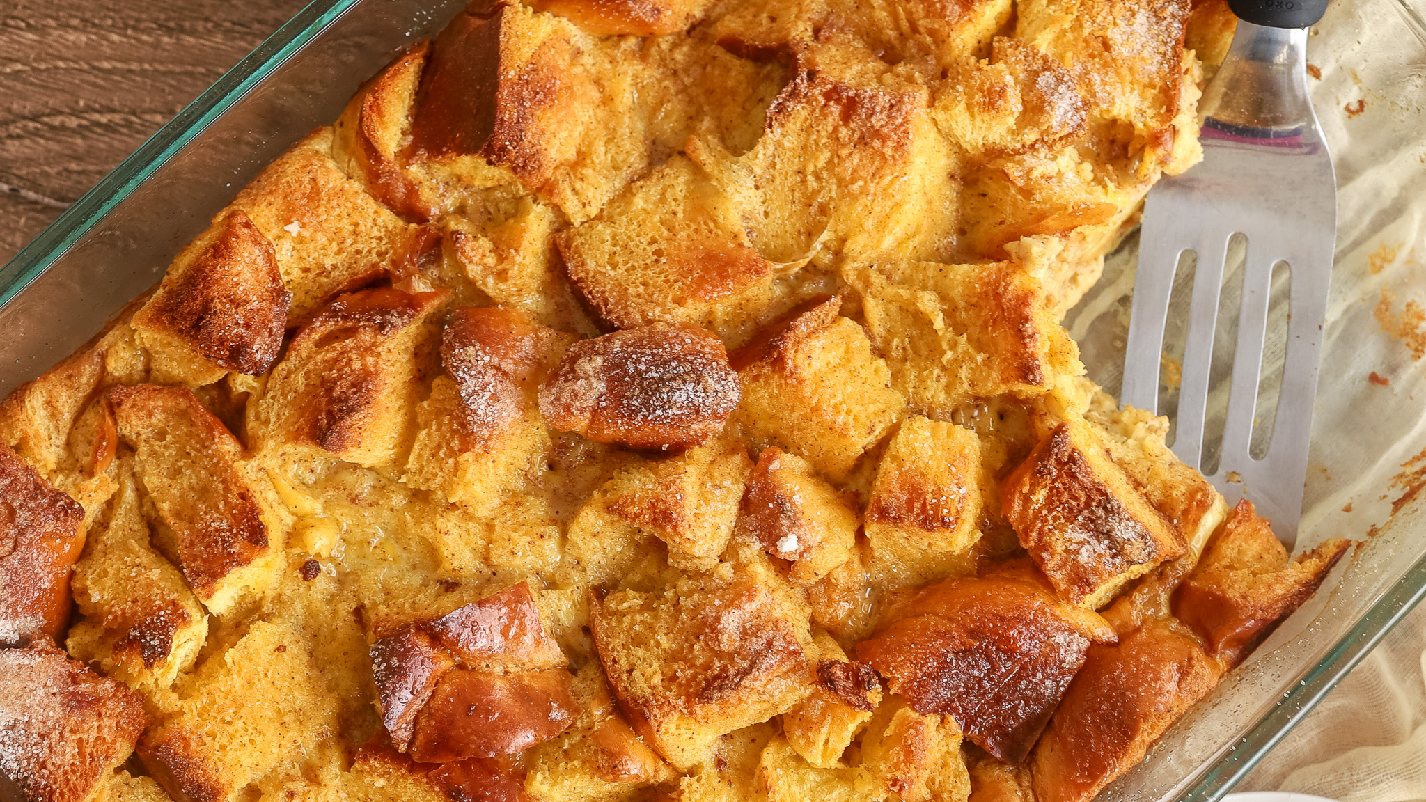 close up of a pan of french toast casserole