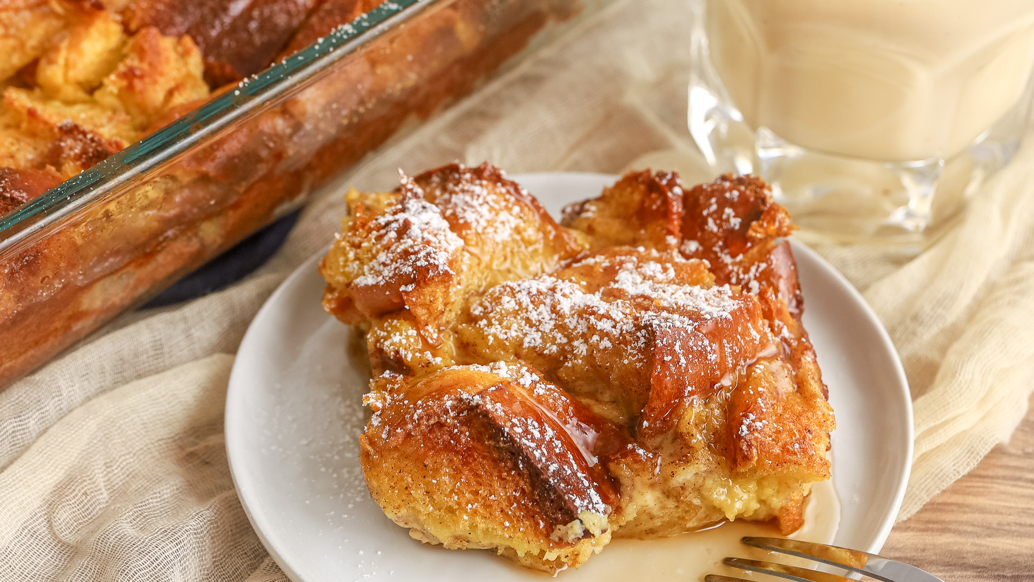 close up of a slice of eggnog french toast