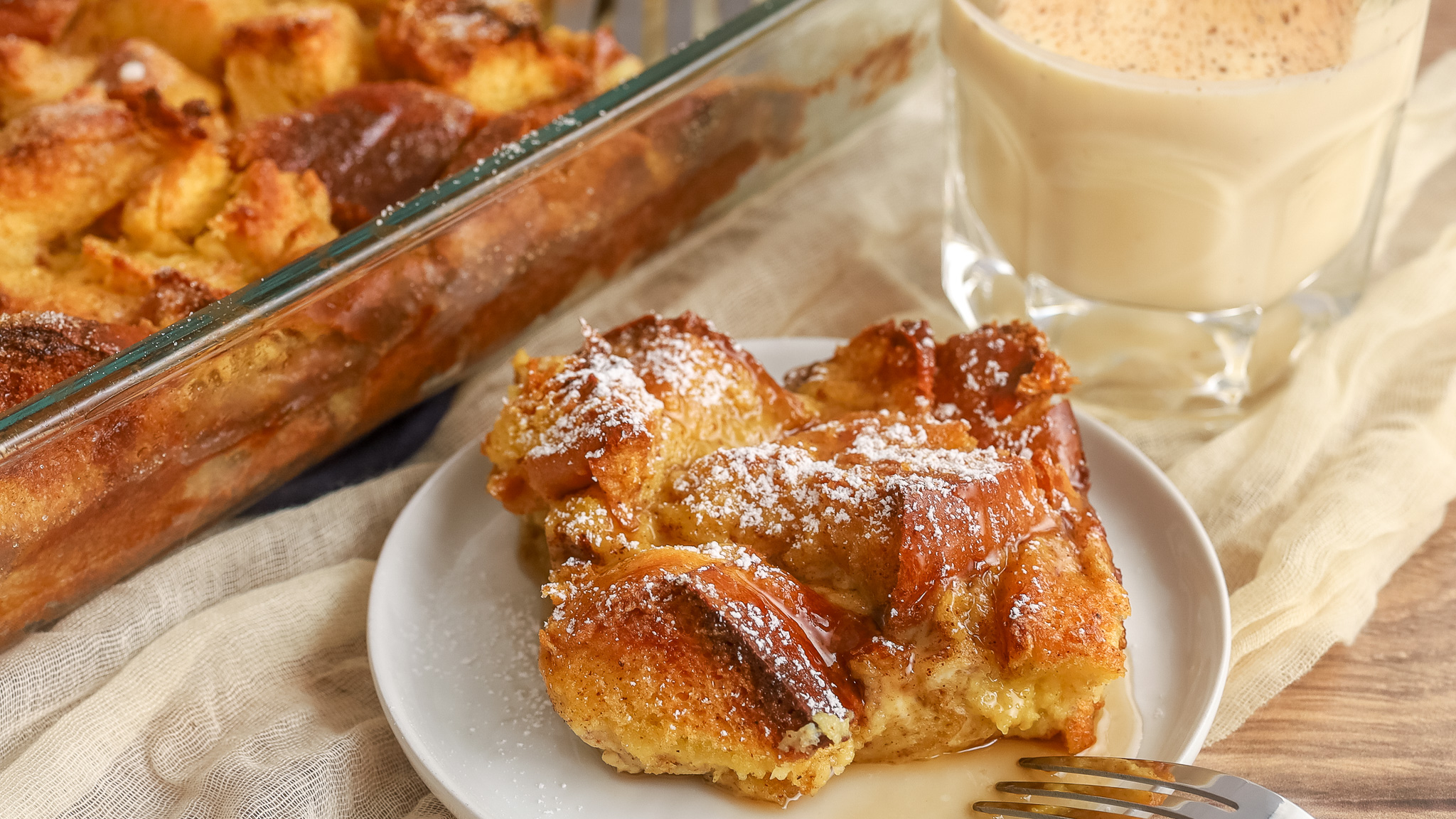 close up photo of a slice of eggnog french toast