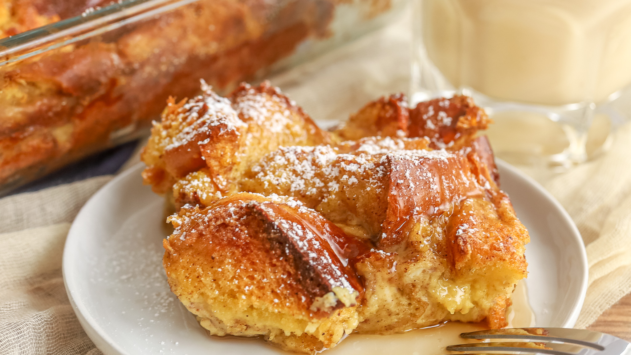 close up photo of a slice of french toast casserole
