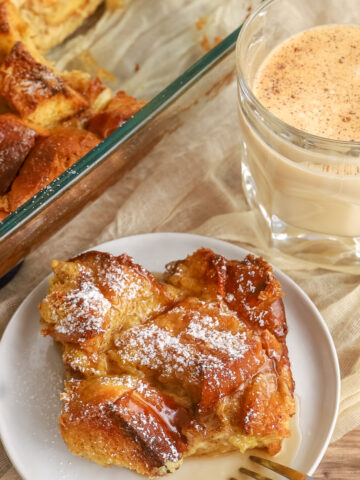 overhead photo of a slice of eggnog french toast