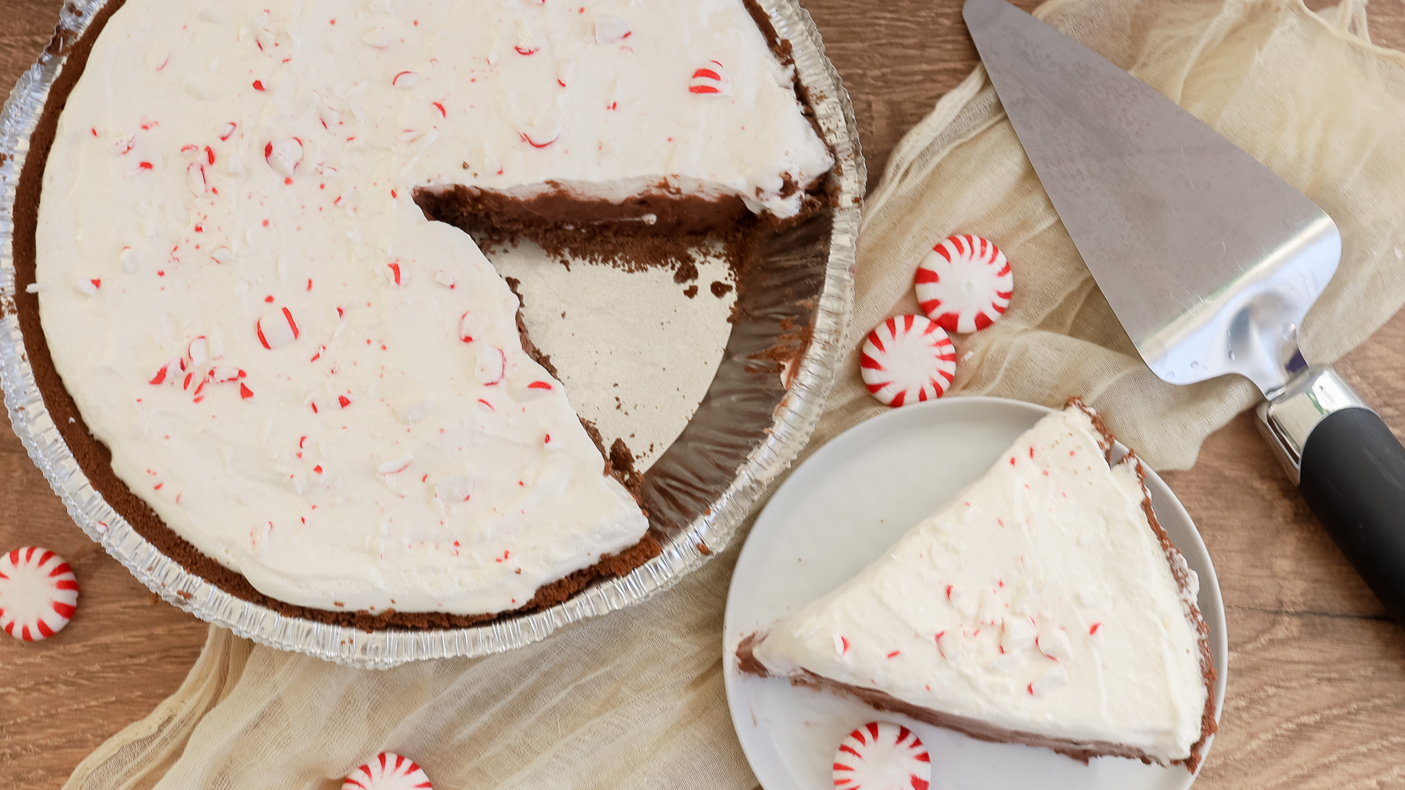 overhead photo of a sliced peppermint pie