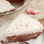 close up on a slice of chocolate peppermint pie