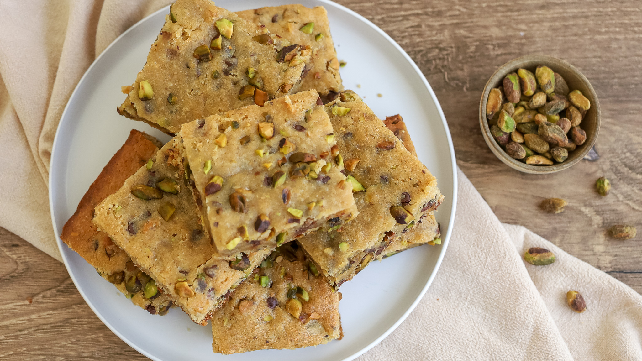 Overhead photo of chocolate chip and pistachio blondies