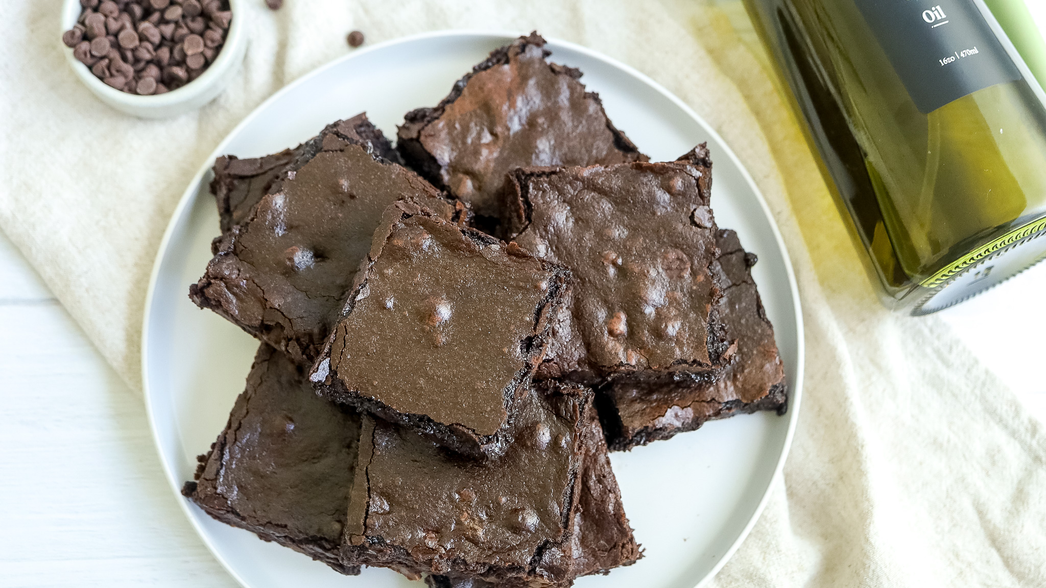 overhead photo of dark chocolate olive oil brownies