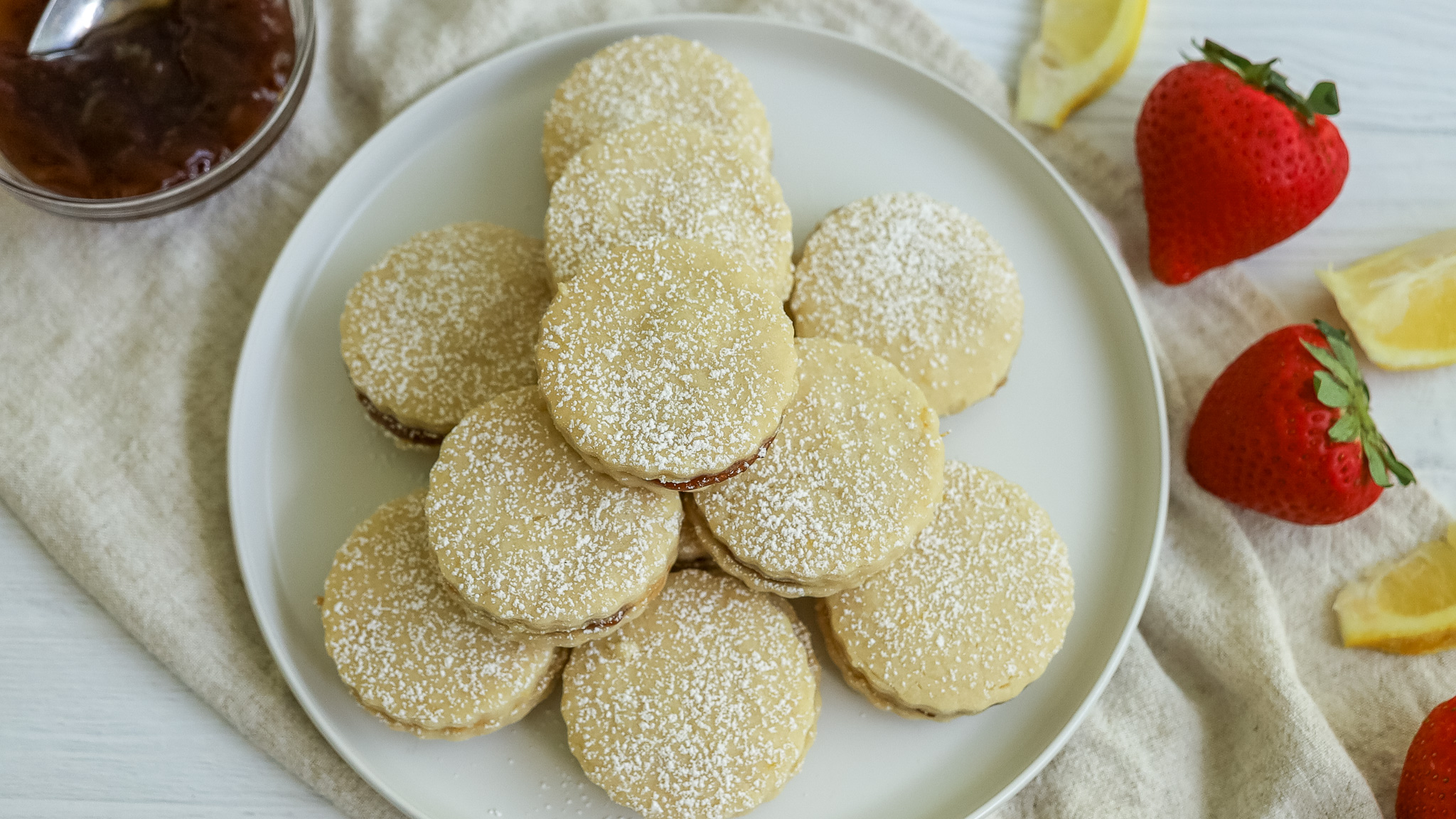 Overhead photo of lemon shortbread sandwich cookies