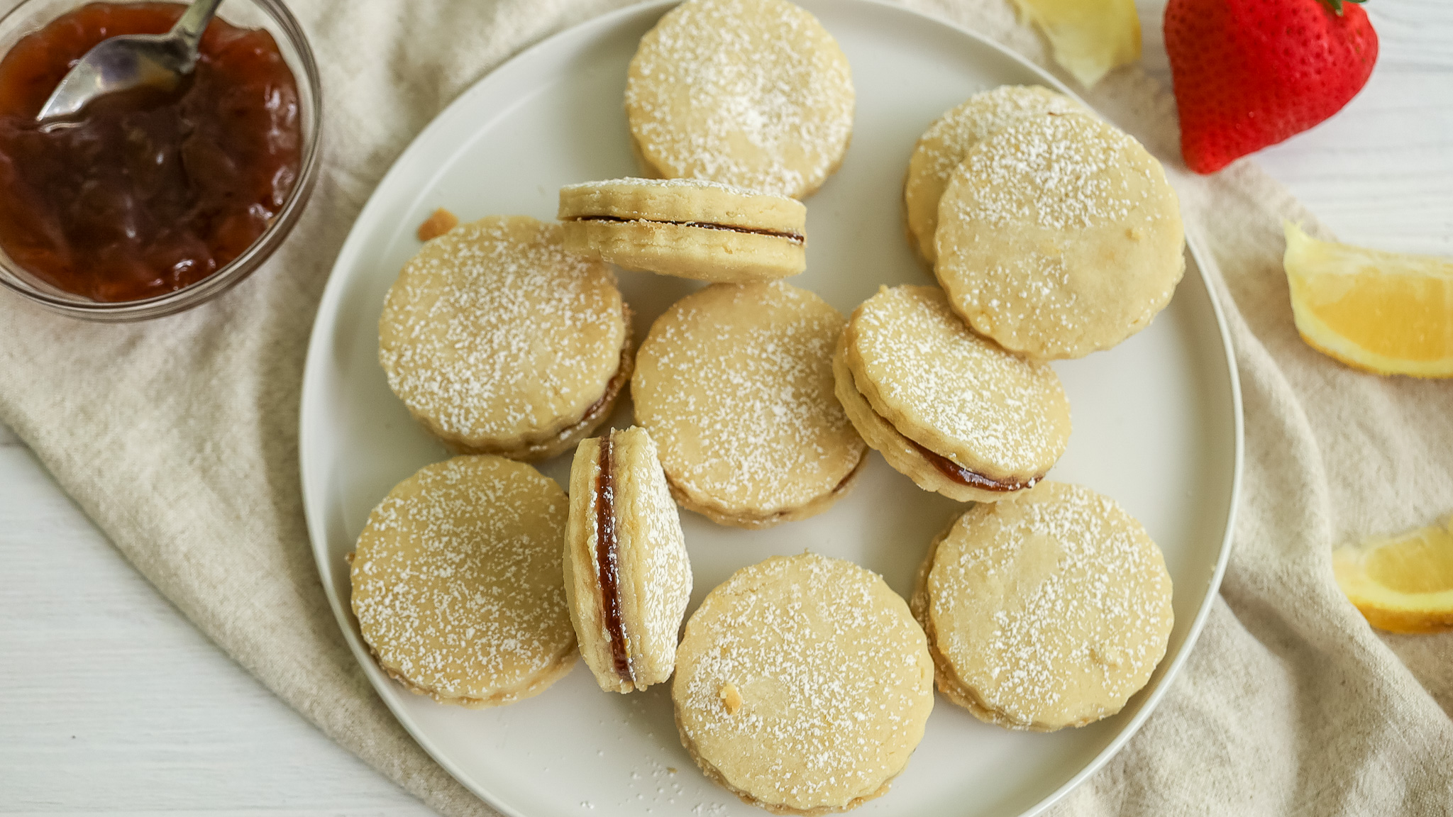 Overhead photo of lemon shortbread cookies showing some sides of the cookies