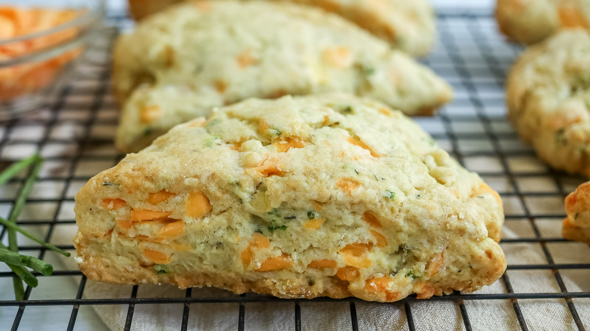 Close up on the side of a cheddar herb scone