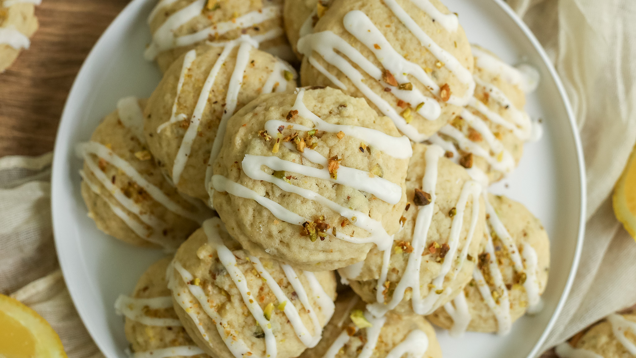 close up overhead shot of lemon pistachio cookies