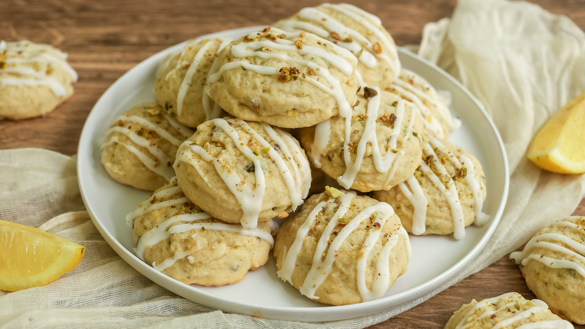 side photo of a stack of pistachio cookies