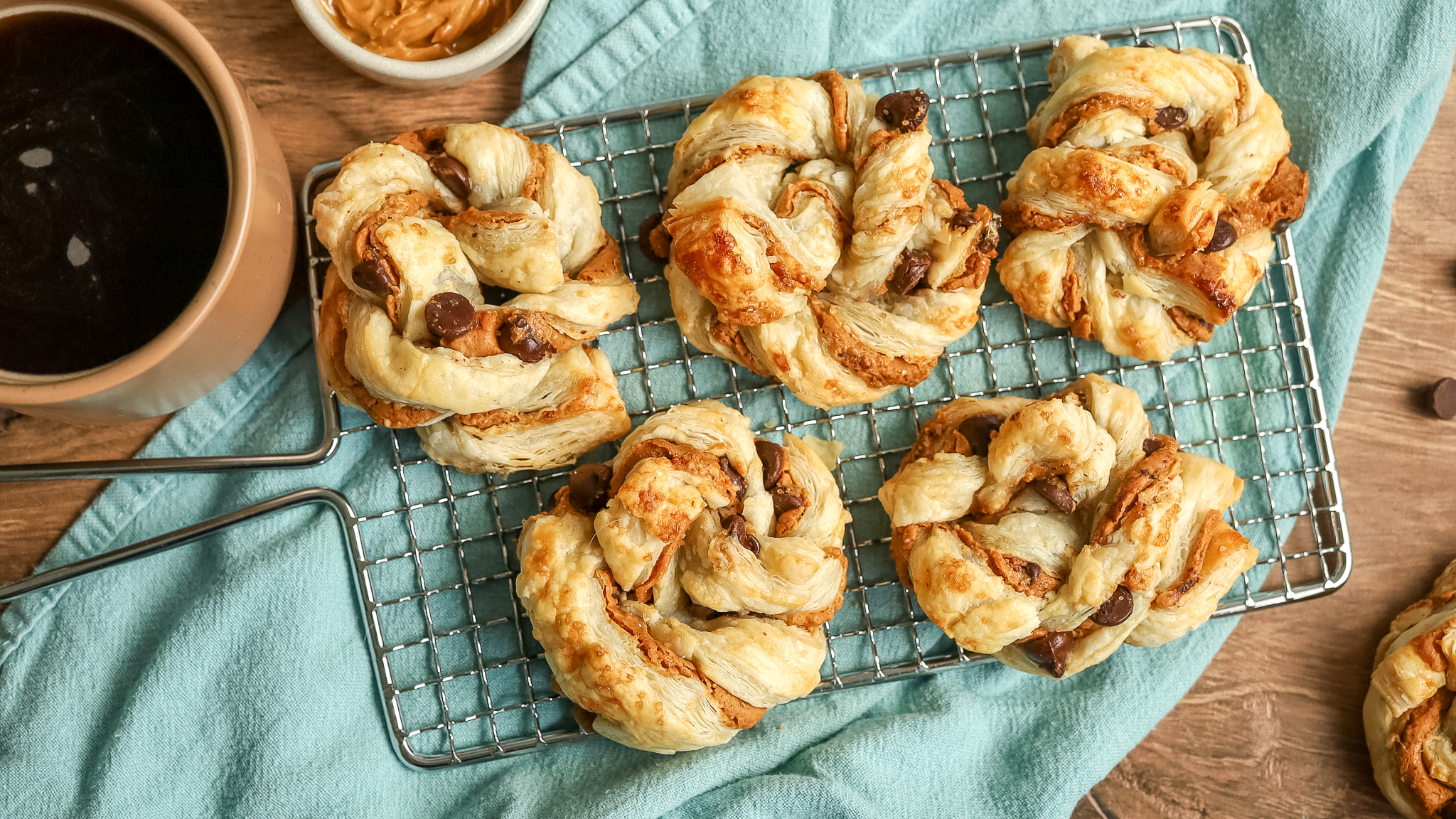 overhead photo of peanut butter puff pastry knots