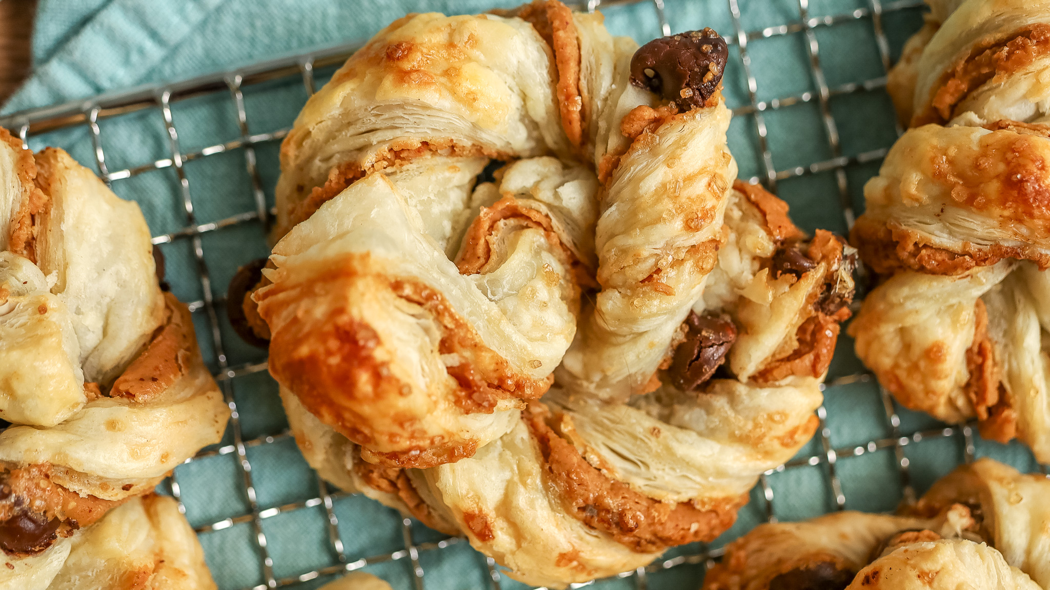 close up of a peanut butter chocolate puff pastry knot