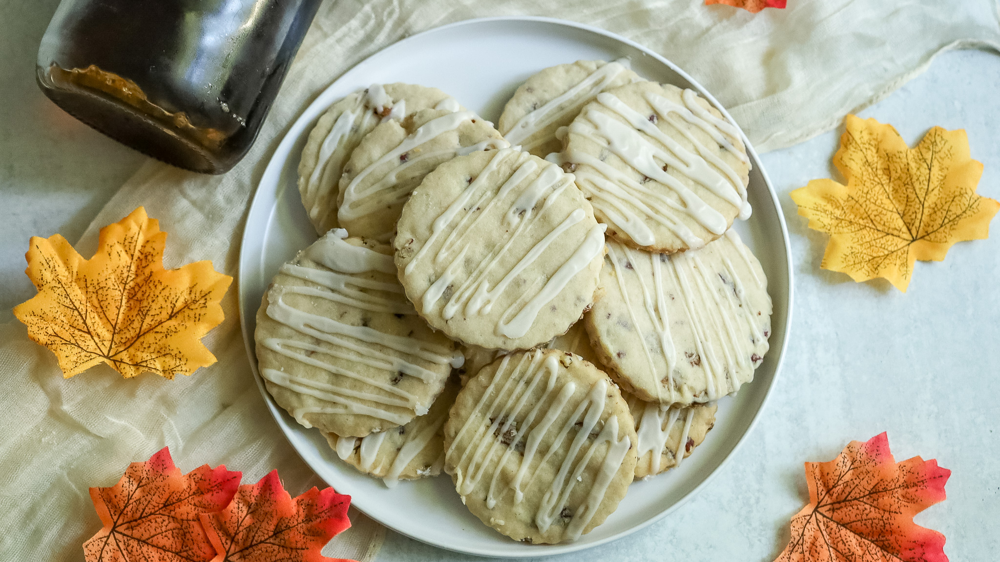 maple pecan shortbread cookies on a plate