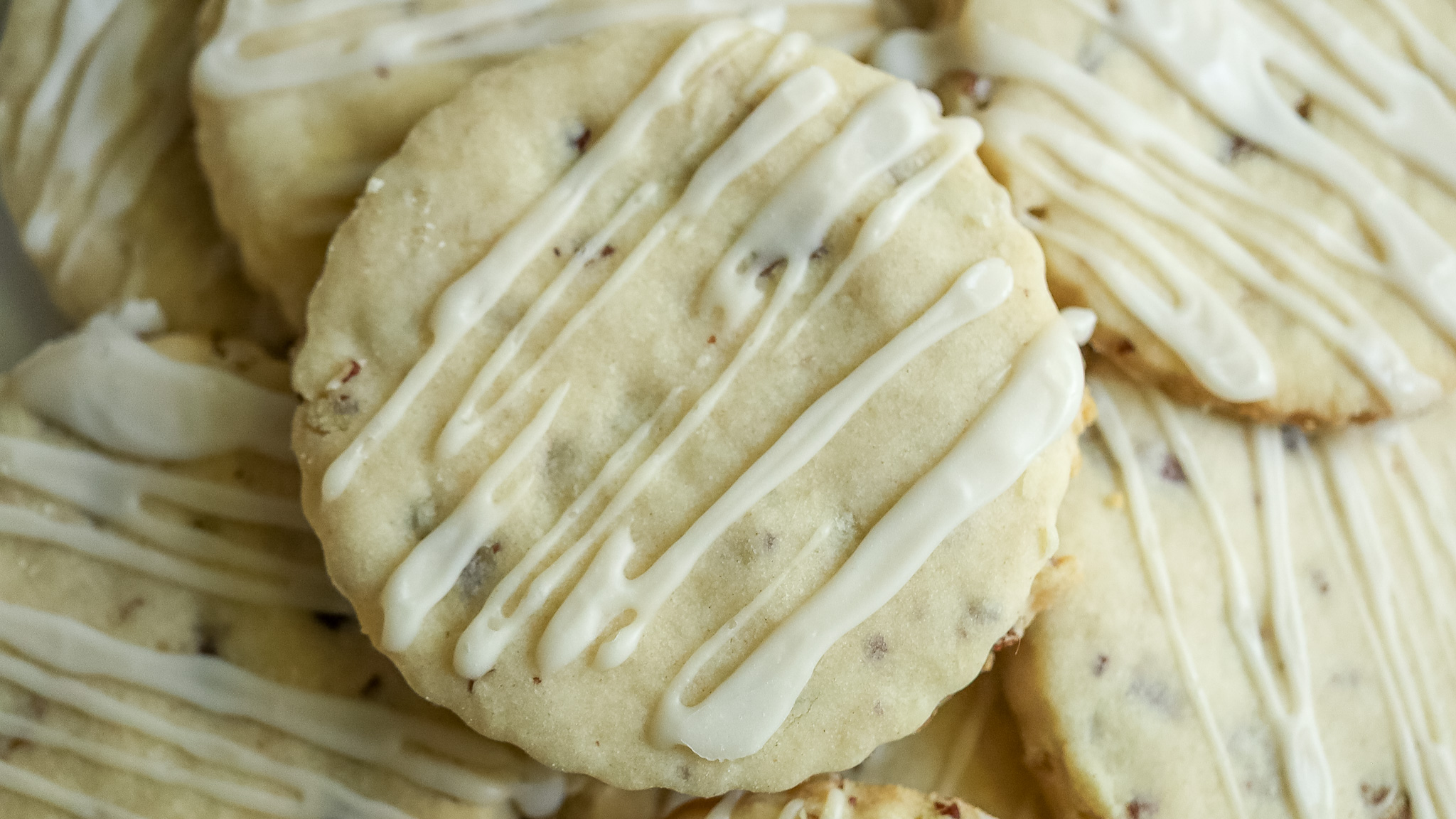 Close up of a maple pecan shortbread cookie